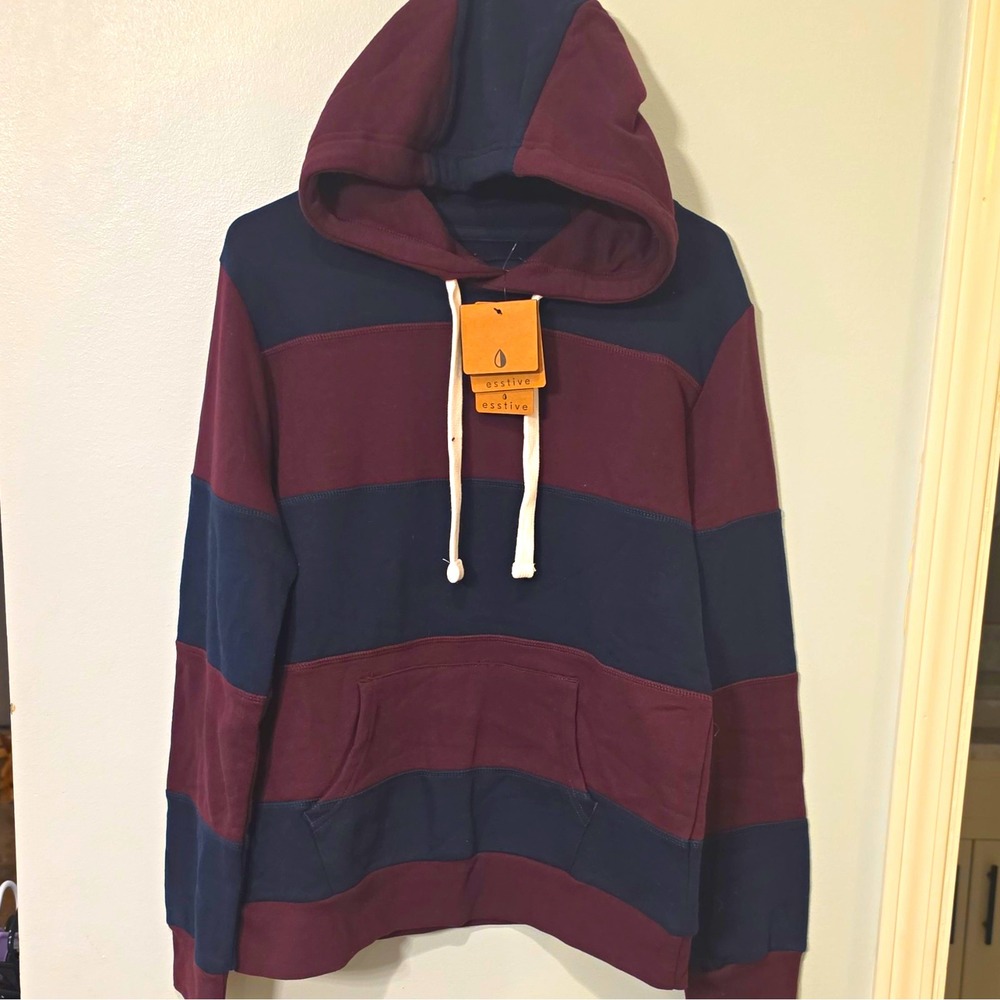 Esstive Men's Burgundy/Navy Striped Fleece Pullover Hoodie Pockets L #436